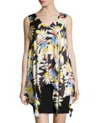 Sleeveless Floral-print Overlay Dress, Black