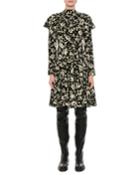 Ruffled Long-sleeve Floral Circle Dress, Black/green