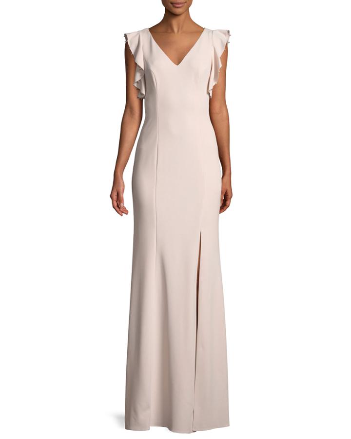 Beaded-ruffle Sleeve Crepe Gown
