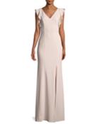 Beaded-ruffle Sleeve Crepe Gown