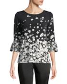 3/4-sleeve Floral Ombre Blouse