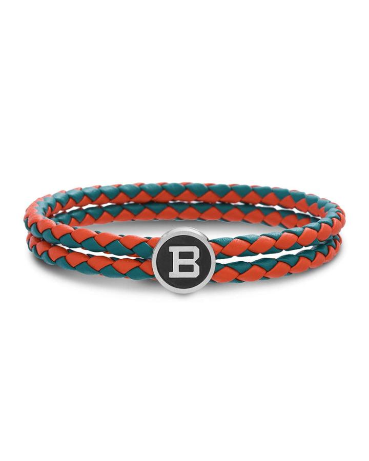 Men's Two-row Braided Leather Logo Plate Bracelet, Orange/green