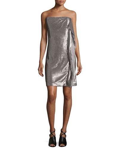 Strapless Sequin Dress W/side Ruffle, Taupe/silver