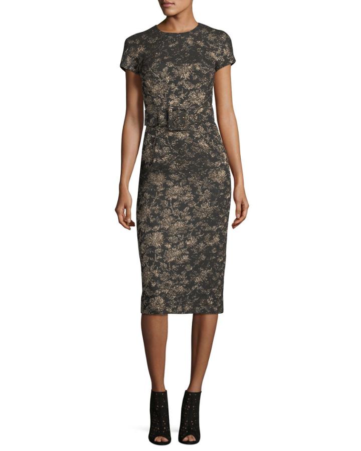 Metallic Jacquard Sheath Dress With Belt