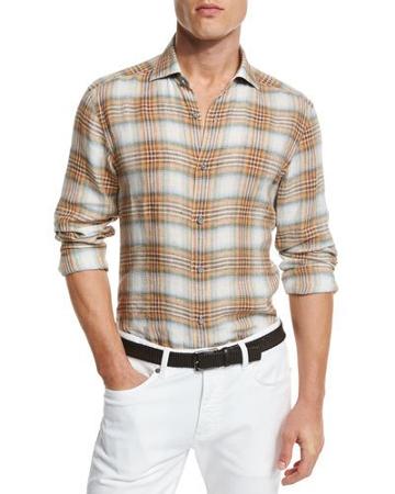Plaid Linen Sport Shirt, Orange/medium Brown Check