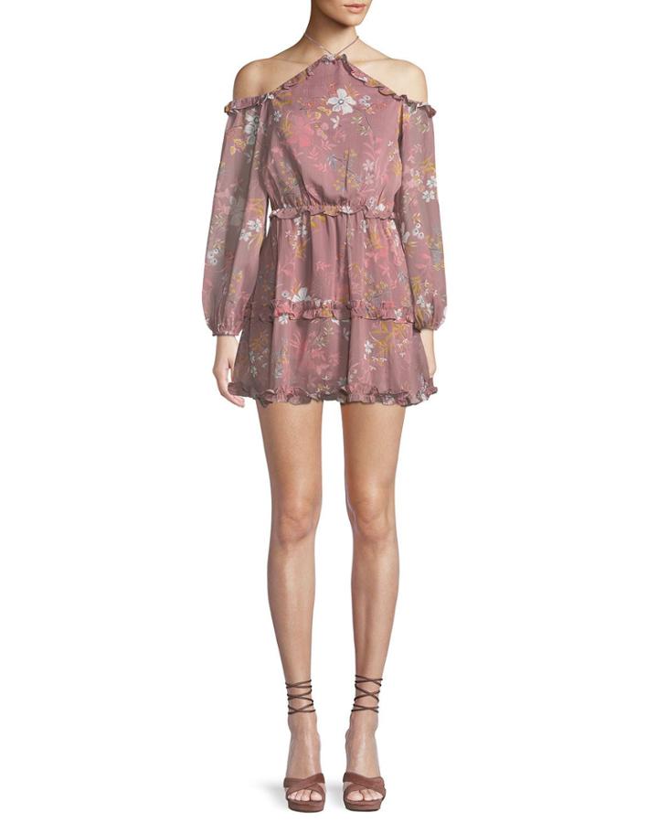 Donna Floral-print Ruffle Off-shoulder Halter Dress