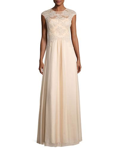 Floral-embroidery Chiffon-overlay Gown, Champagne