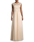 Floral-embroidery Chiffon-overlay Gown, Champagne