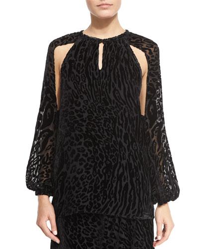 Leopard-print Split-sleeve Blouse, Black