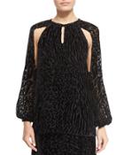 Leopard-print Split-sleeve Blouse, Black
