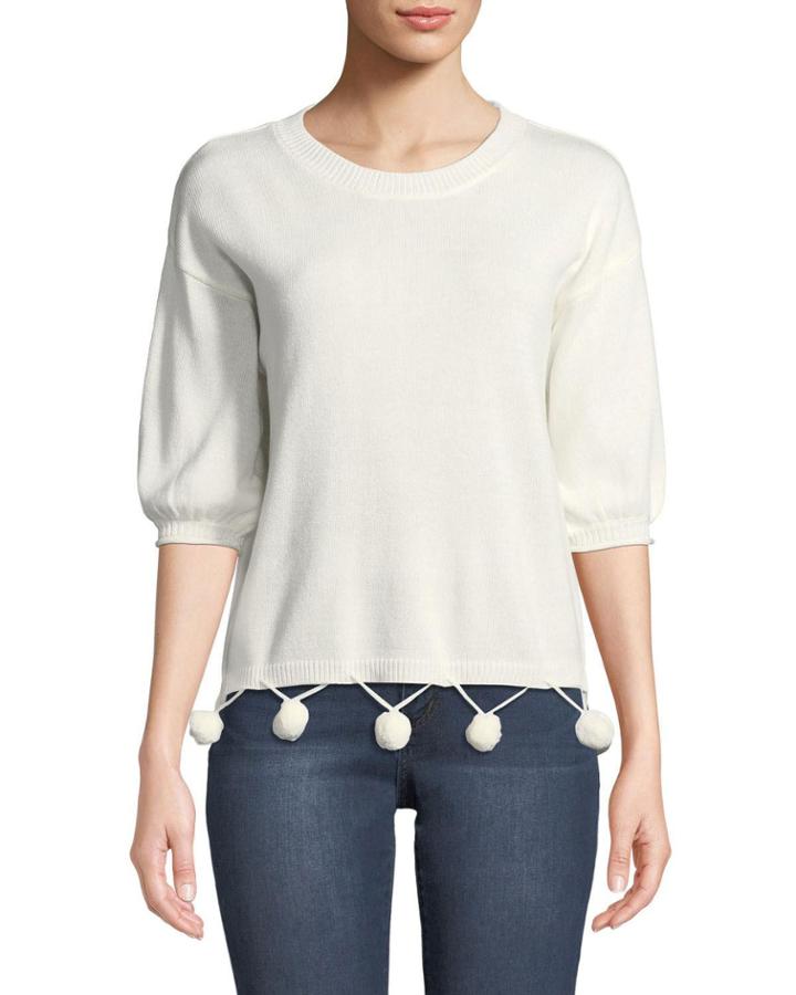 Pompom Balloon-sleeve Cotton-blend
