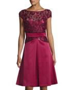 Corded Lace Satin Cocktail Dress, Cranberry
