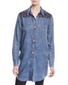 Tina Button-front Long Chambray Tunic W/ Embroidery