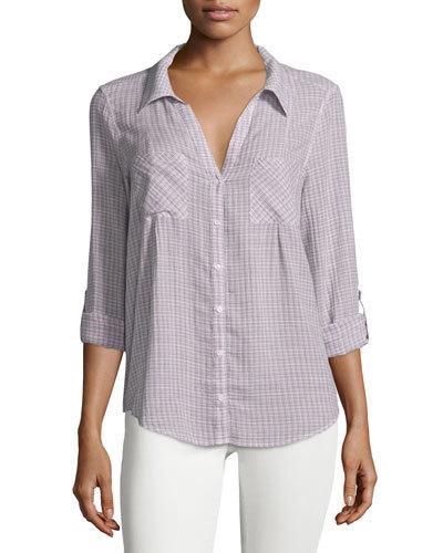 Cartel Button-front Plaid Cotton Blouse, Porcelain/orchid