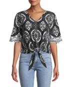 Short-sleeve Embroidered Tie-front Blouse