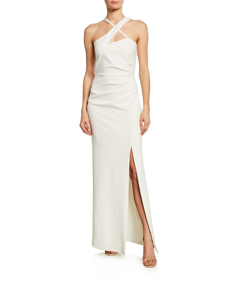 Tampa Side-ruched Stretch-crepe Halter Gown W/ Beaded Detail