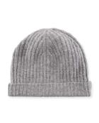 Cashmere Ribbed Cuffed Beanie Hat, Gray