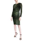 Python-printed Long-sleeve Fitted Velvet Dress