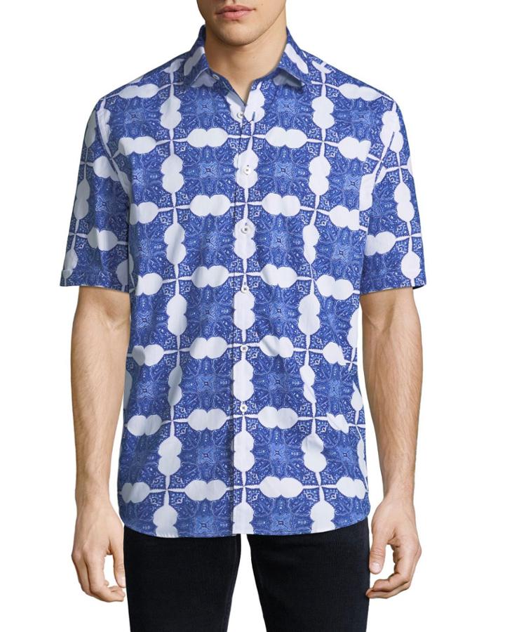 Men's Shaped-fit Short-sleeve Printed Button-front