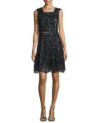 Sleeveless Sequined Lace A-line Dress, Black