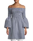 Off-the-shoulder Bell-sleeve Gingham Dress