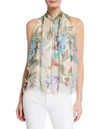 Printed Drape Halter Tie-neck Silk-blend Blouse