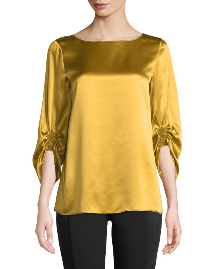 Elisio 3/4-sleeve Bateau-neck Silk Blouse, Yellow