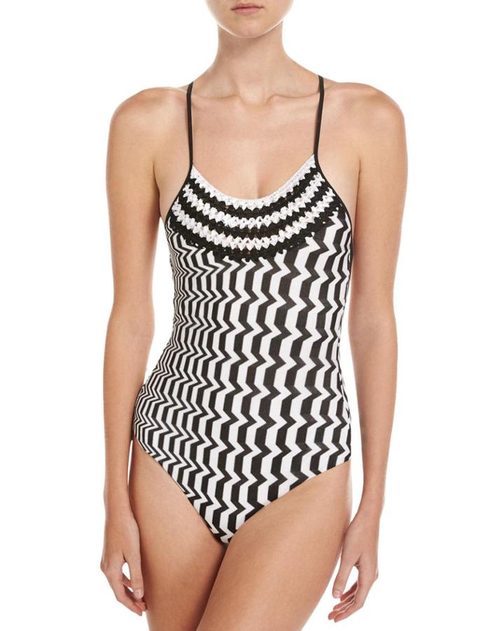 Greca Bicolor One-piece Swimsuit, Black/white