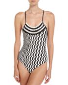 Greca Bicolor One-piece Swimsuit, Black/white