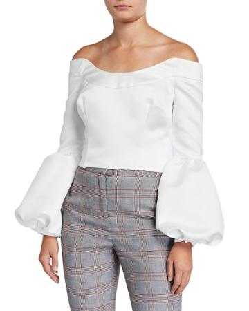 Ken Satin Off-the-shoulder Puff-sleeve Cropped Blouse