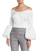 Ken Satin Off-the-shoulder Puff-sleeve Cropped Blouse