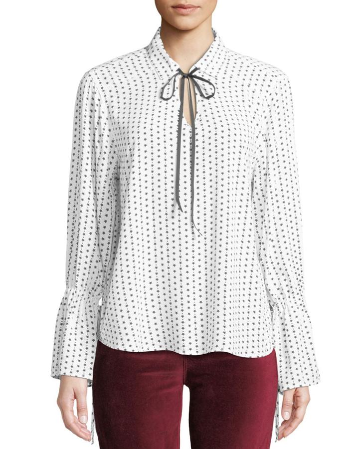 Gale Star-print Tie-neck Bell-sleeve Blouse