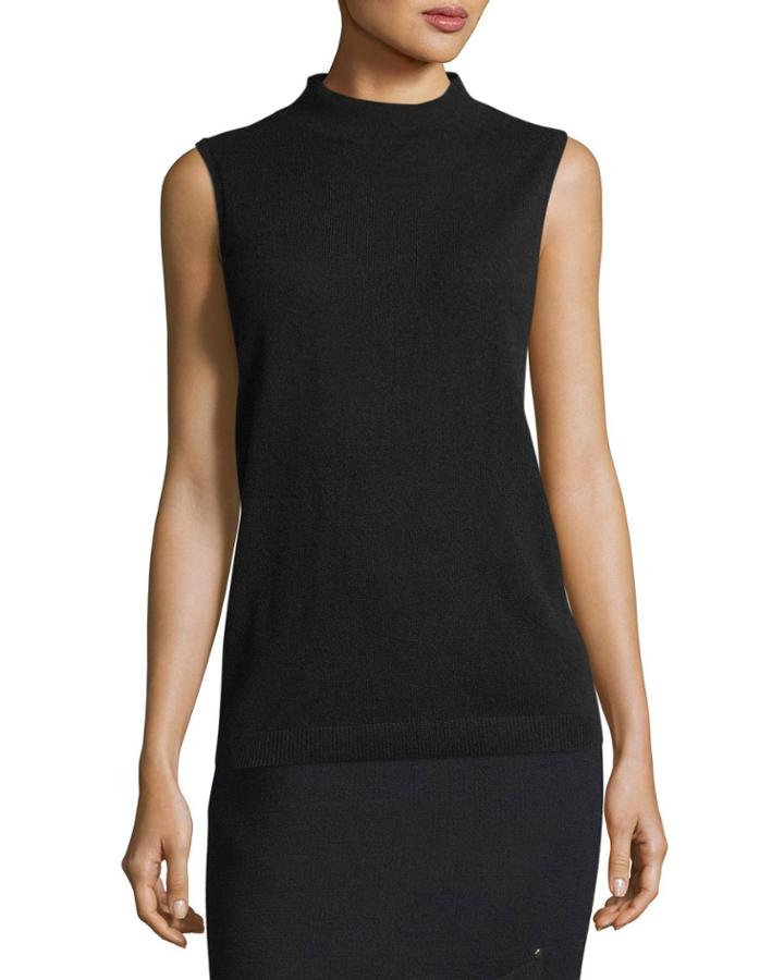 Sleeveless Mock-neck Sequin-trim Cashmere Pullover
