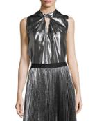 Sleeveless Twist-front Metallic Top, Gunmetal