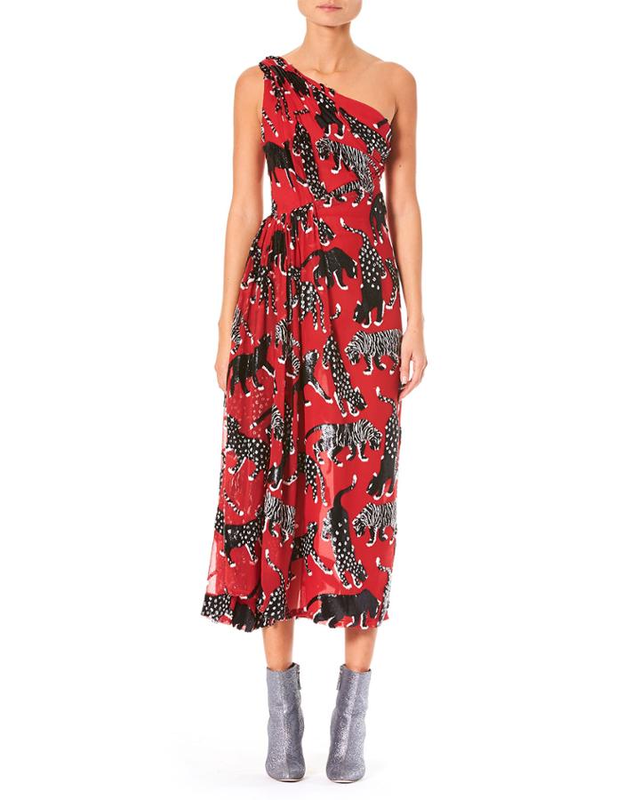 One-shoulder Wildcat-print Cocktail Dress