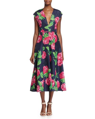 Cap-sleeve Begonia-print Dress, Indigo/geranium