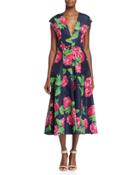 Cap-sleeve Begonia-print Dress, Indigo/geranium
