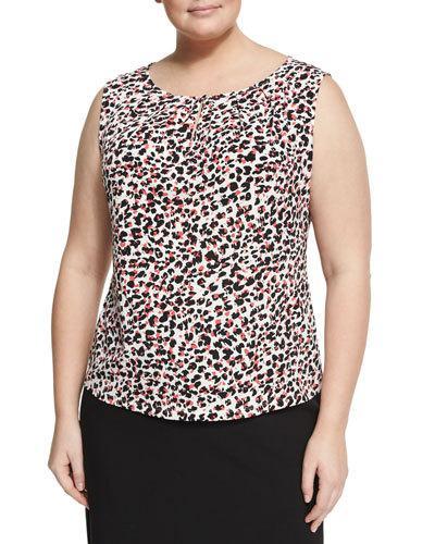 Animal-print Jersey Keyhole Blouse, White/black,