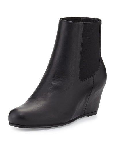 Socks Leather Wedge Bootie, Black