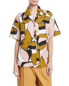 Oversized Abstract-print Camp Shirt, Pink Pattern