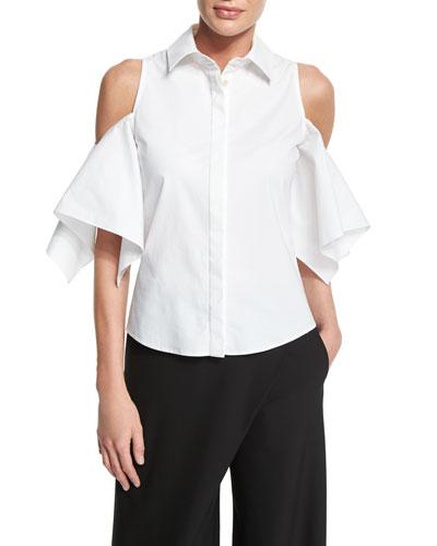 Button-front Cold-shoulder Blouse, White