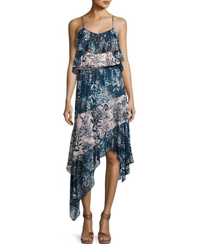 Reuben Mixed-print Handkerchief-hem Slip Dress,