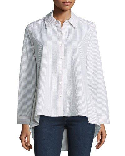 Striped Seersucker High-low Button-front Top, Khaki