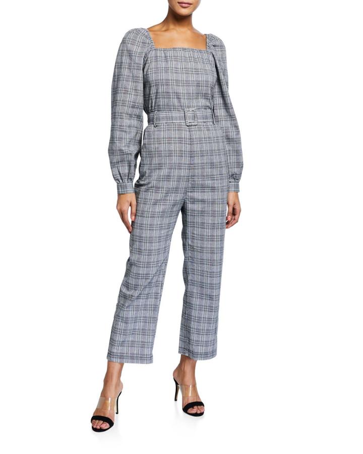 Plaid Balloon-sleeve Belted Jumpsuit
