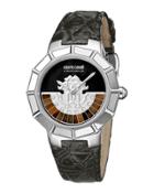 37mm Men's Watch W/ Rotating Diamond Dial & Leather Strap, Black/steel