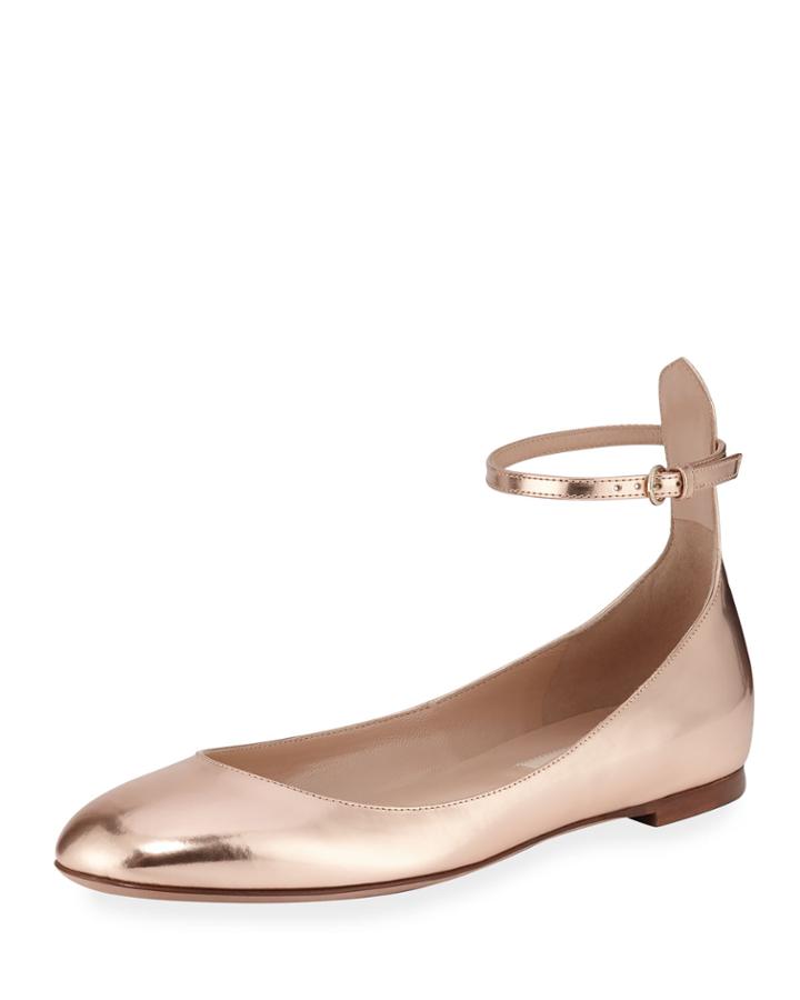 Metallic Leather Ankle-strap Flats