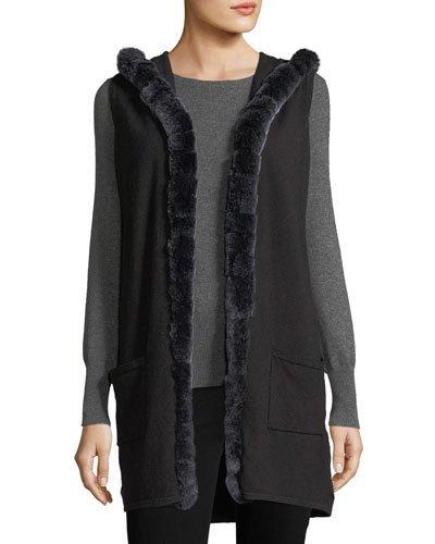 Hooded Knit Vest W/fox-fur Trim