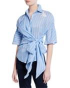 Striped Button-front Short-sleeve Tie-front Blouse
