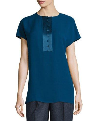 Azalea Short-sleeve Half-placket Silk Blouse, Aegean