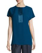 Azalea Short-sleeve Half-placket Silk Blouse, Aegean